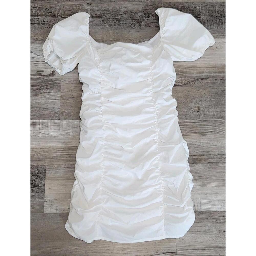 Revolve Superdown Dress Medium White Ruffle Puff Short Sleeve Ruched Stretch